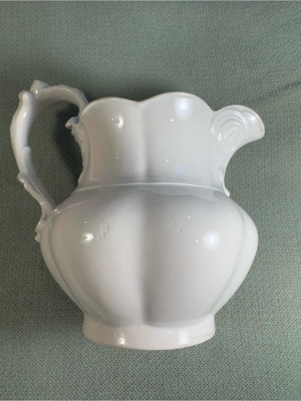Antique White Ironstone Ice Lip Pitcher Scalloped Ceramic Jug Built-in strainer